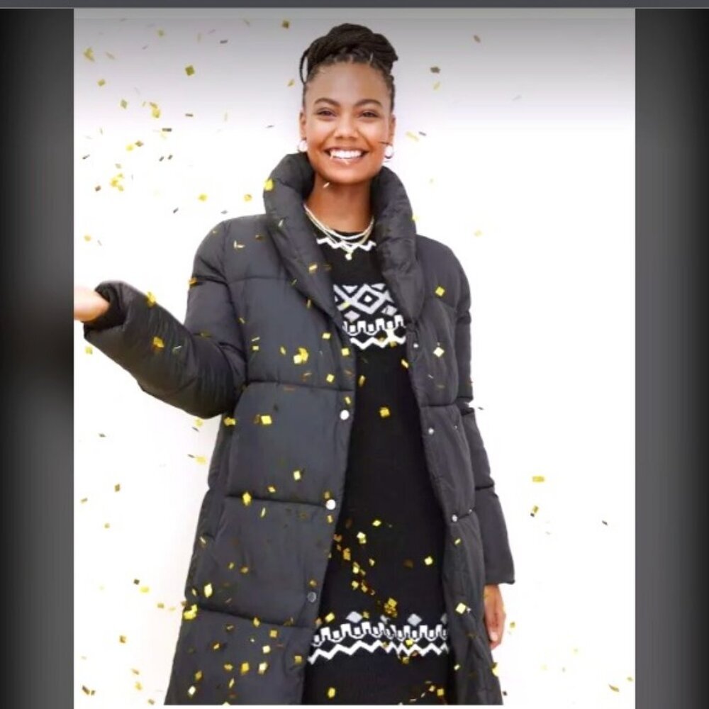 LOFT Black Stand Shawl-Collar Puffer Coat Asymmetrical Snap Front XL
